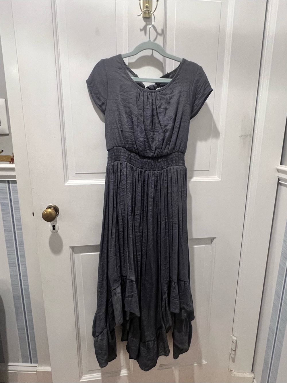 Girls' Gray Gathered Waist Formal Dress with Handkerchief Hem